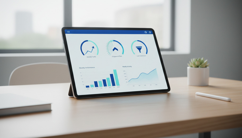 Tablet dashboard displaying key performance indicators for web traffic and conversions.