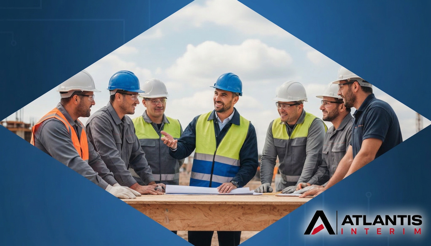Réunion de chantier entre chef français et ouvriers roumains, collaboration efficace.