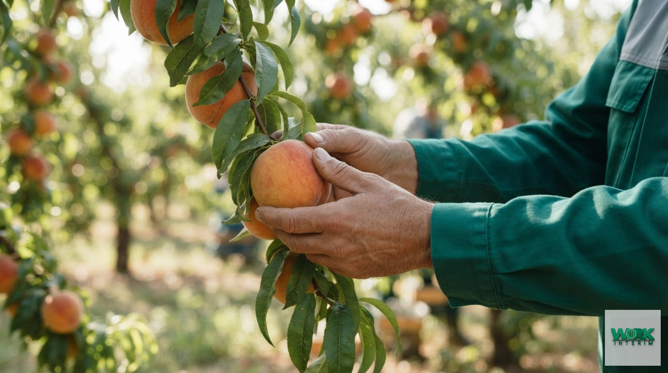 Gros plan sur les mains d'un travailleur cueillant une pêche mûre.