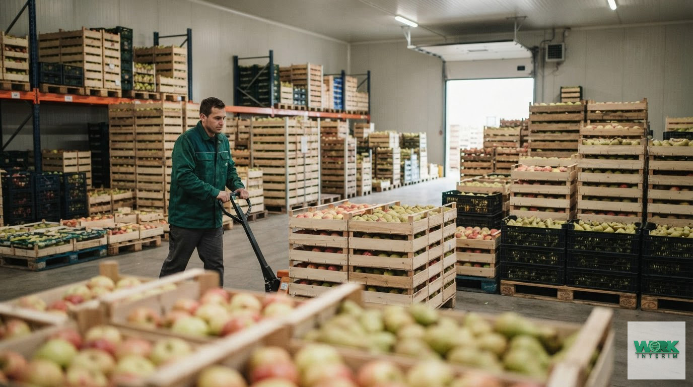 Entrepôt frigorifique rempli de caisses de fruits frais après la récolte.