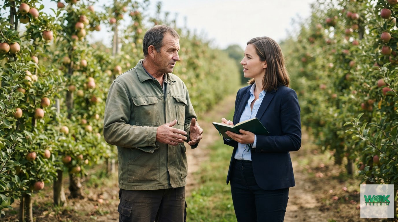 Un agriculteur et un recruteur discutant devant un verger en pleine saison.