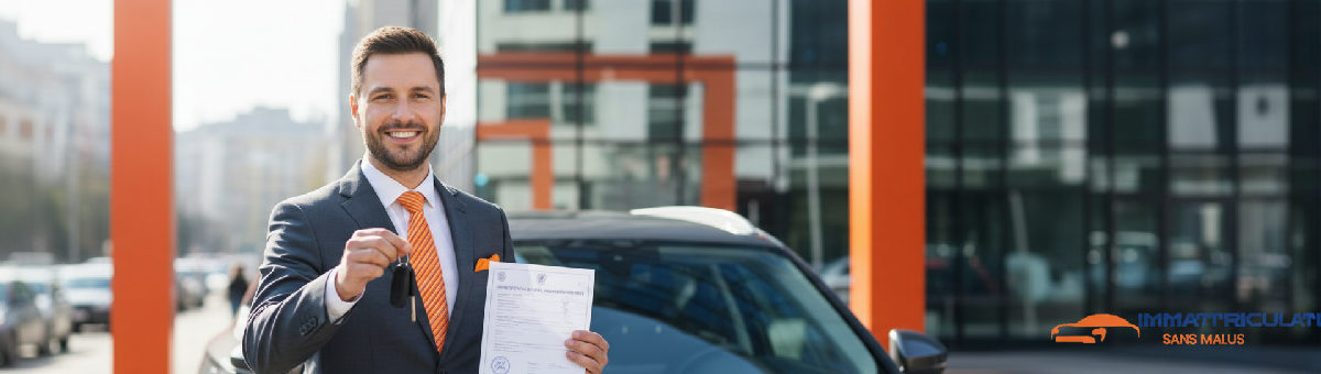 Homme d'affaires avec clés et assurance roumaine devant son SUV.