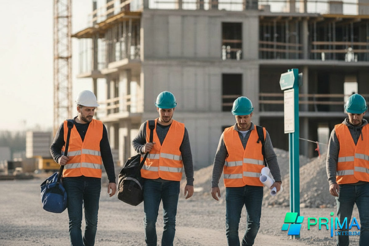 Ouvriers roumains en tenue de sécurité arrivant sur un chantier en France.
