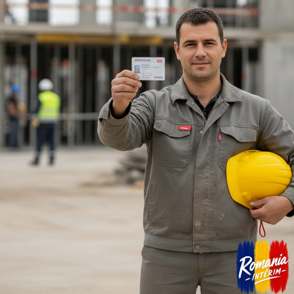 Ouvrier sur chantier avec Carte BTP et casque de sécurité.
