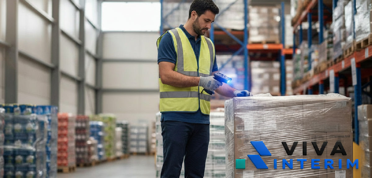 Travailleur roumain en entrepôt logistique français via agence d'intérim.