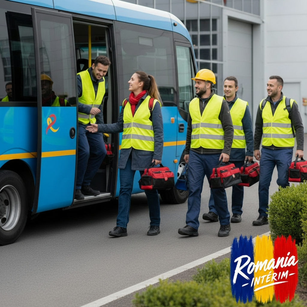 Intérimaires souriants arrivant sur leur lieu de travail.