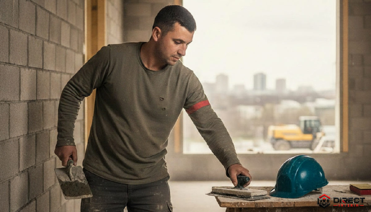 Ouvrier polyvalent passant de la maçonnerie à la finition sur un chantier.