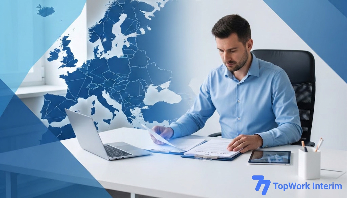 Responsable RH examinant des documents de conformité avec une carte de l'Europe.