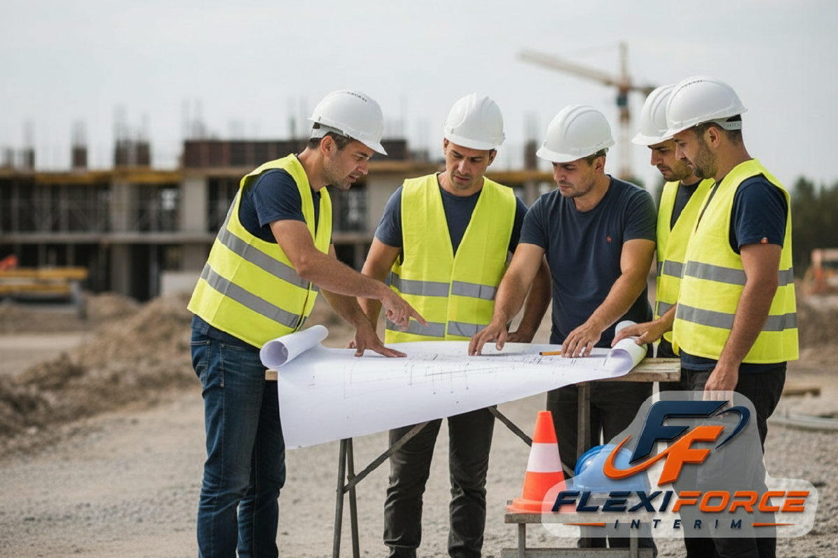 Chef de chantier expliquant les plans à une équipe d'ouvriers.