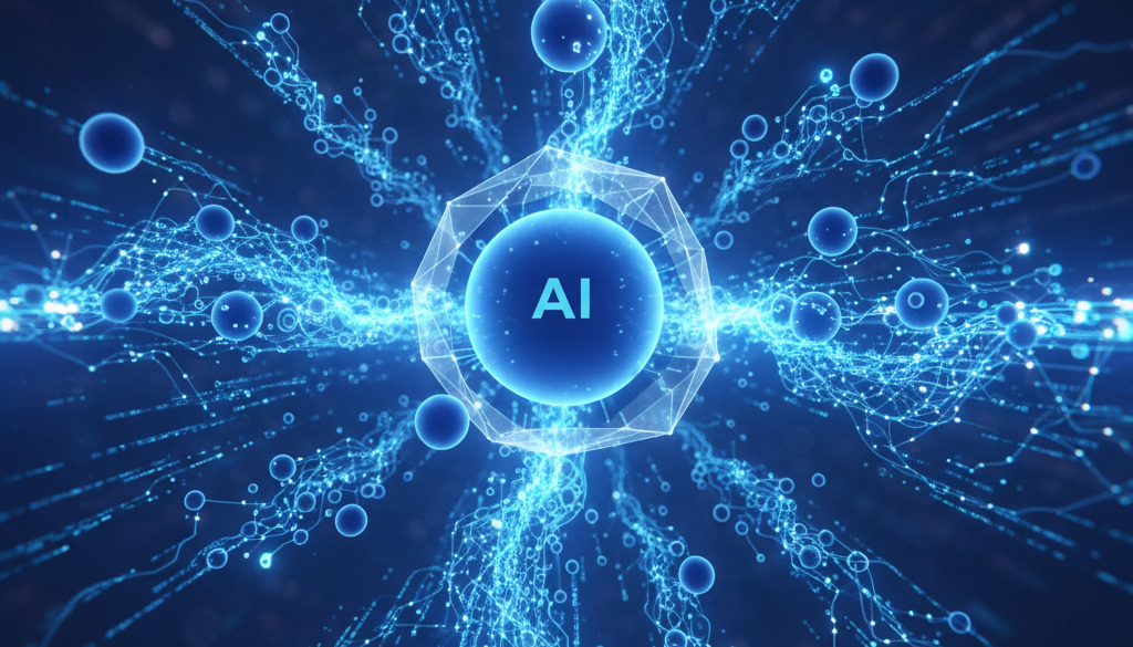 Abstract AI and SEO connection with glowing data streams.