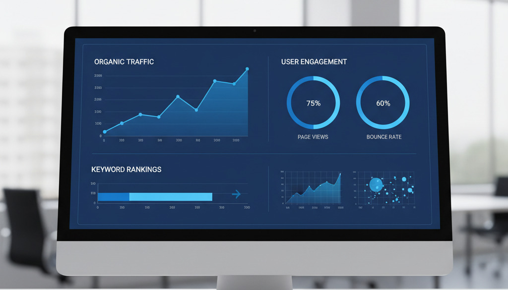 Analytics dashboard showing organic traffic and keyword rankings.