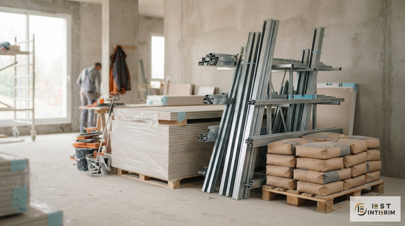 Un stock organisé de plaques et rails prêt pour l'intervention du plaquiste.