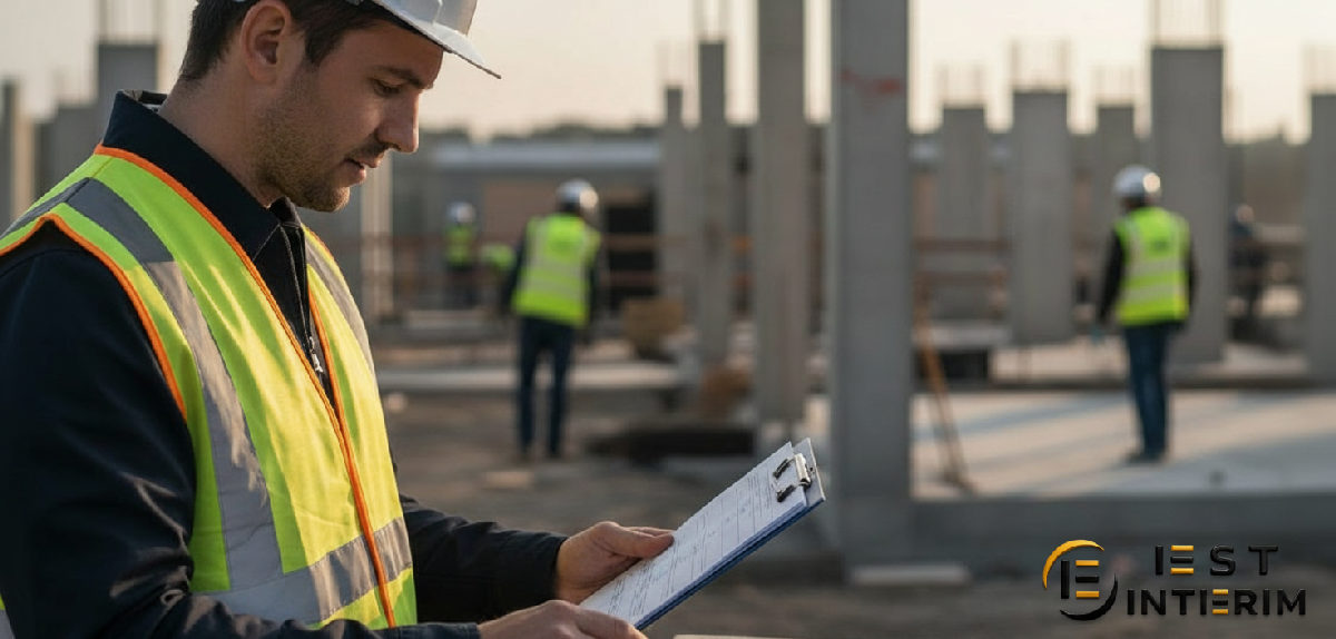 Inspecteur du travail vérifiant des dossiers de conformité sur un chantier.
