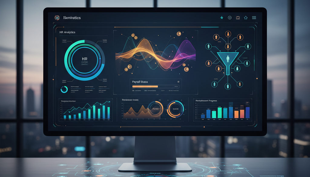 Tableau de bord RH montrant analyse et paie, technologie externalisée.