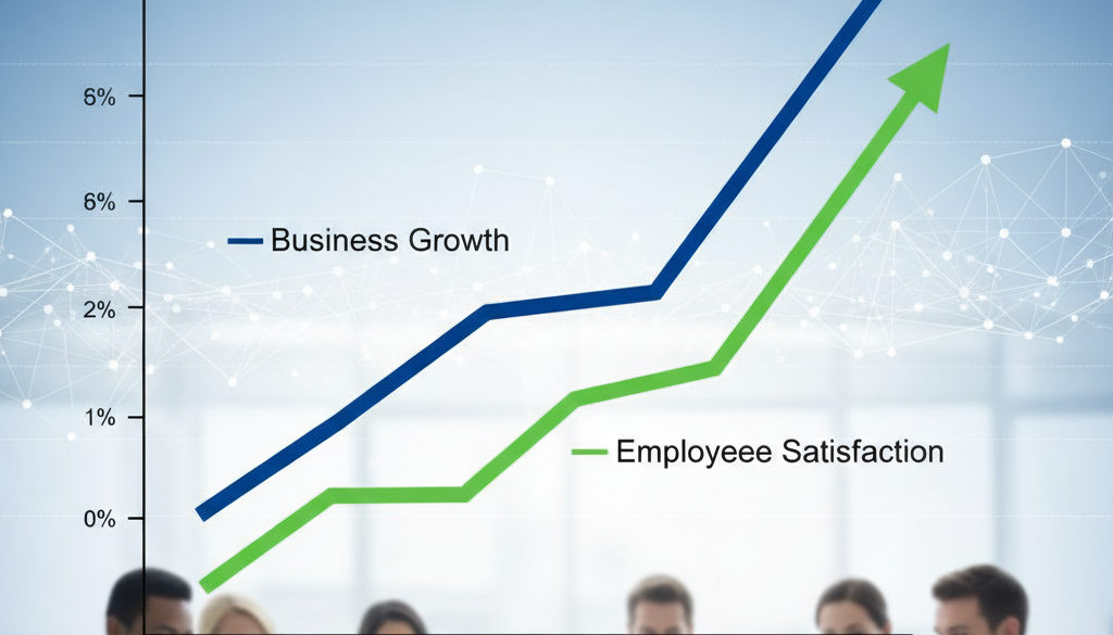 Graphique de croissance et satisfaction post-externalisation des RH.