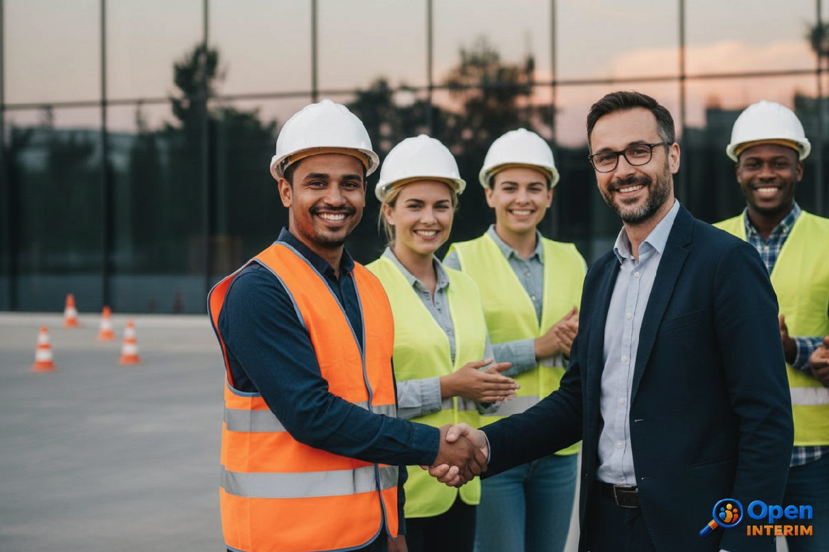 Travailleurs roumains et manager français, collaboration dans un nouveau bâtiment.
