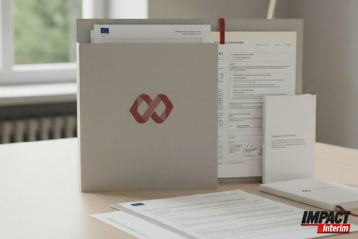 Dossier administratif Impact Interim avec documents légaux.