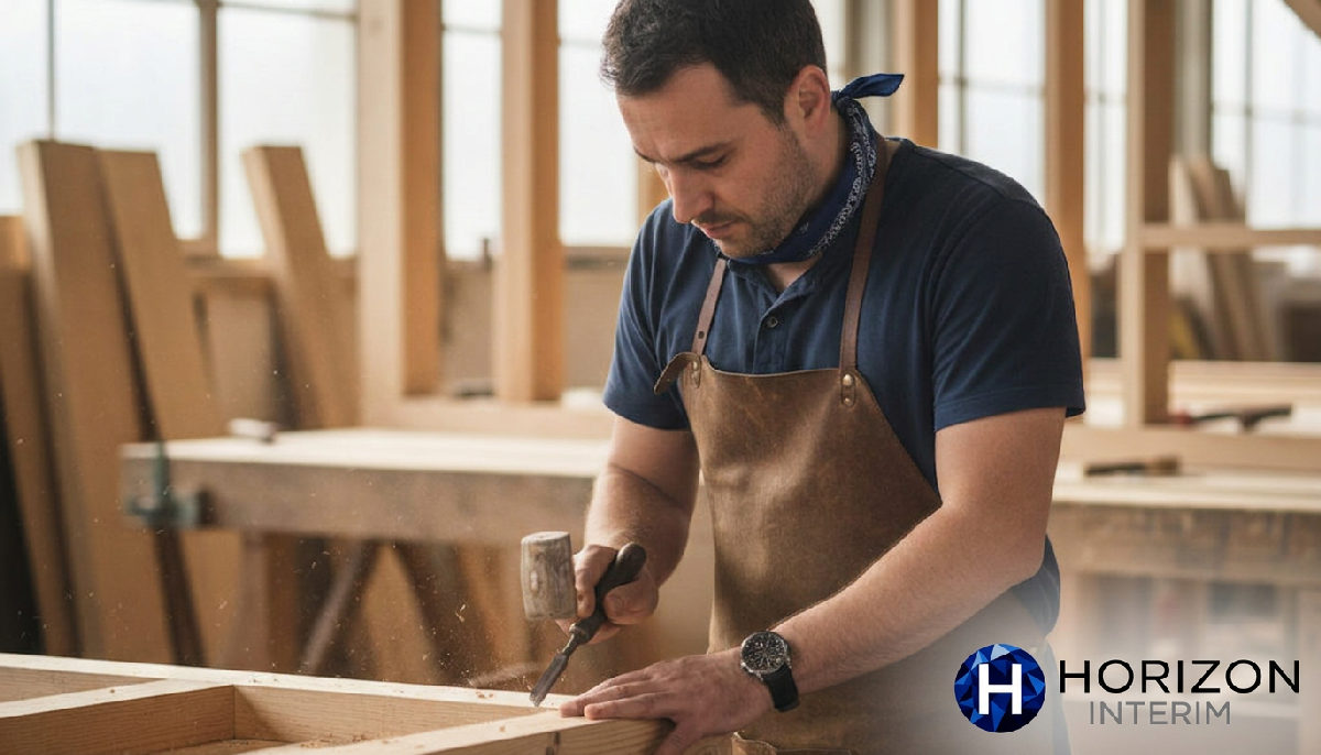 Artisan roumain, expert en charpente, travaillant méticuleusement en France.