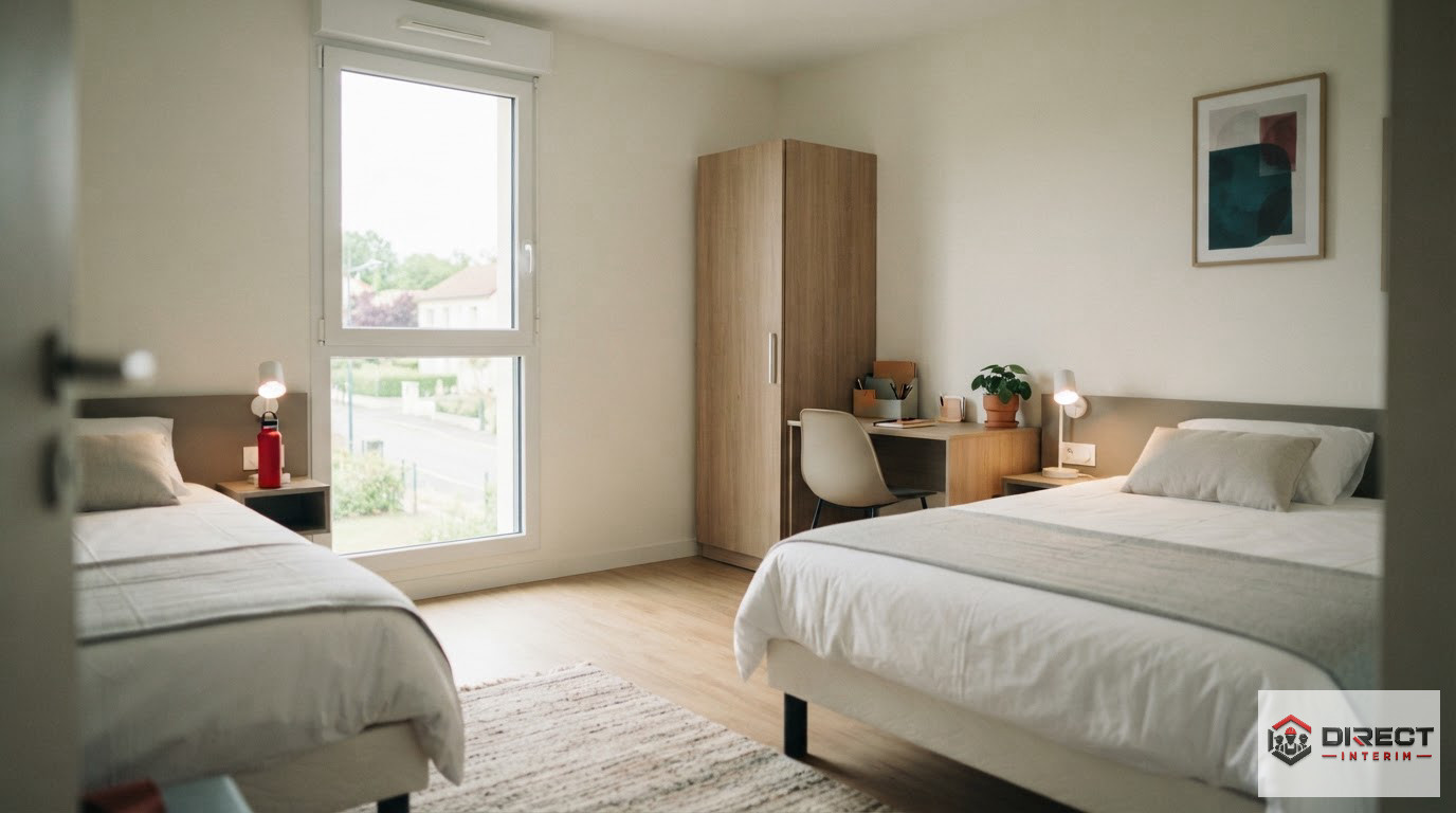 Intérieur d'une chambre moderne et propre pour travailleurs détachés.
