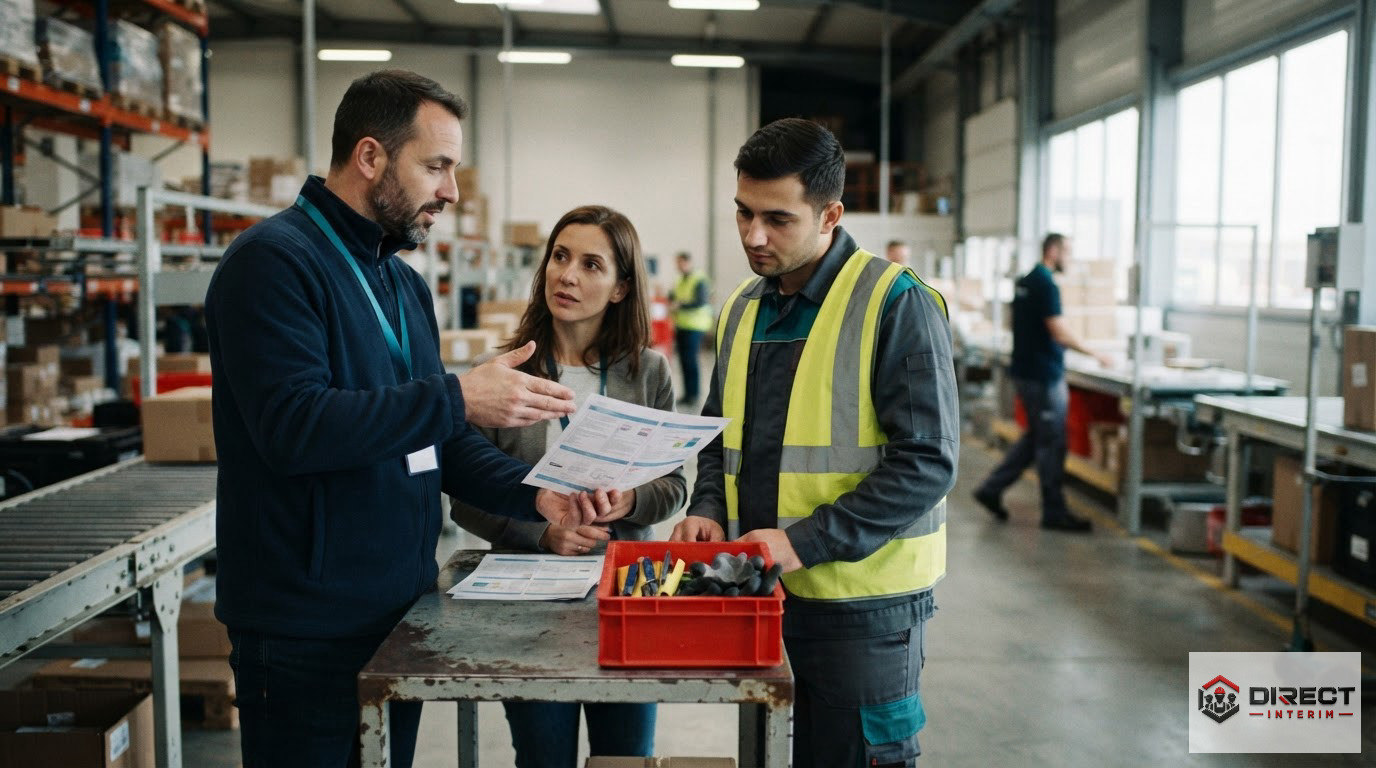 Manager et intérimaire roumain échangeant des consignes logistiques.