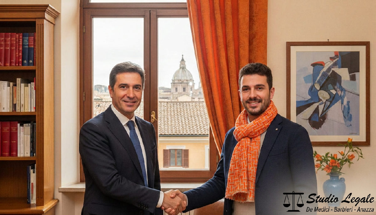 Avvocato e cliente si stringono la mano, fiducia e risoluzione.