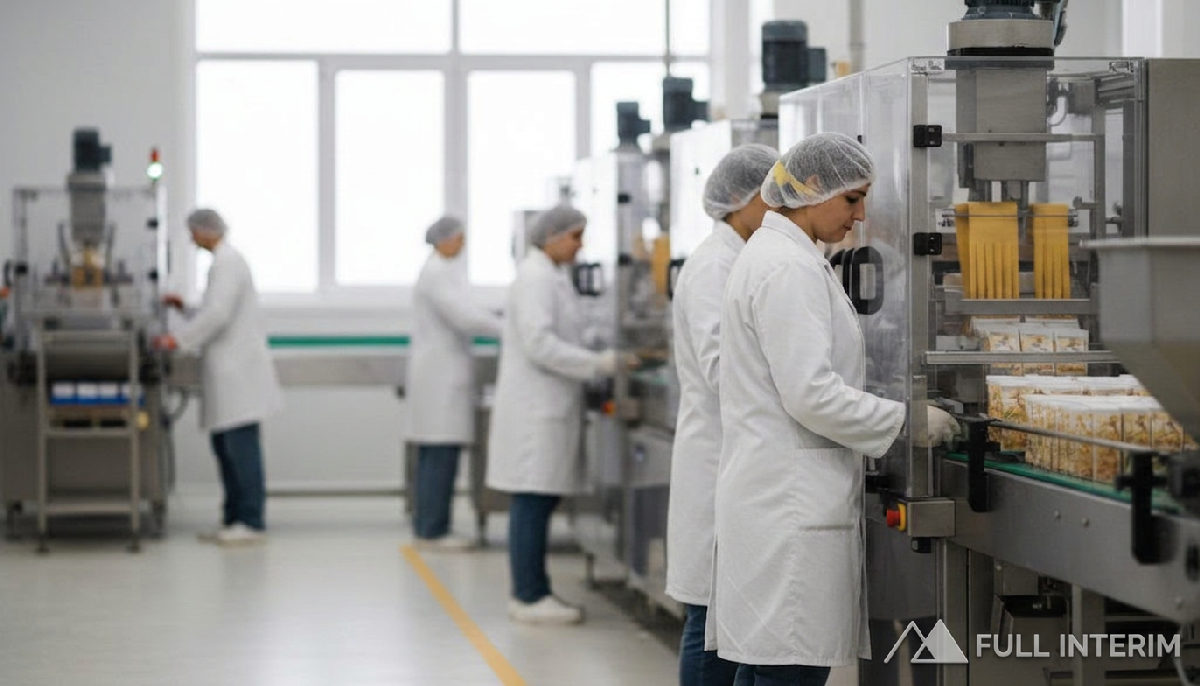 intégration ouvriers roumains agroalimentaire - Ouvriers qualifiés sur une ligne de production agroalimentaire moderne.