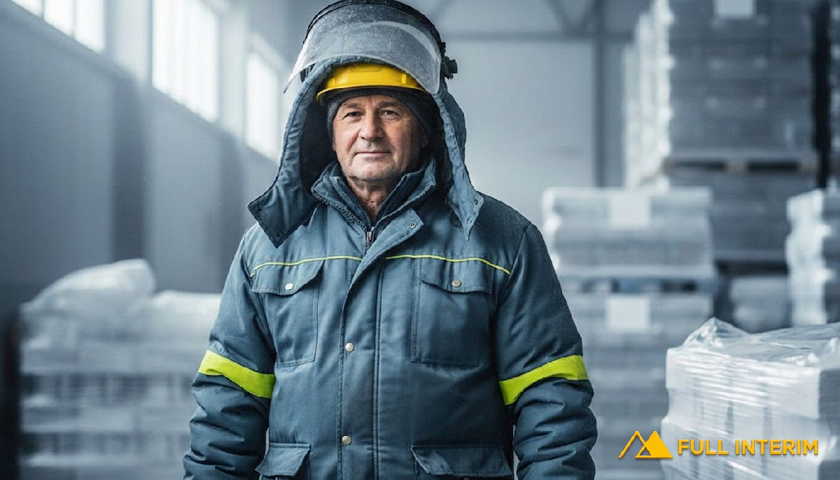 Ouvrier roumain expérimenté en tenue de protection en entrepôt frigorifique.
