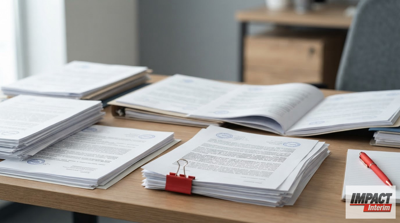 Bureau des ressources humaines avec contrats et dossiers administratifs de recrutement.