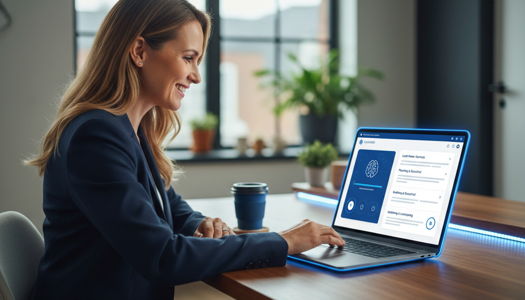 Business owner smiling at AI content generator creating a blog post.