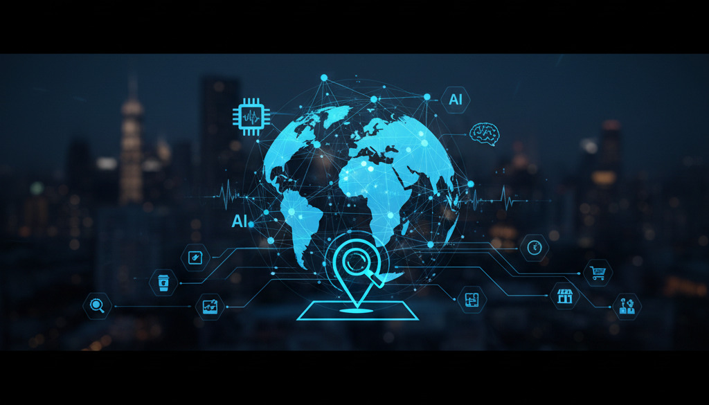 Person typing on a keyboard with icons representing local SEO and AI.