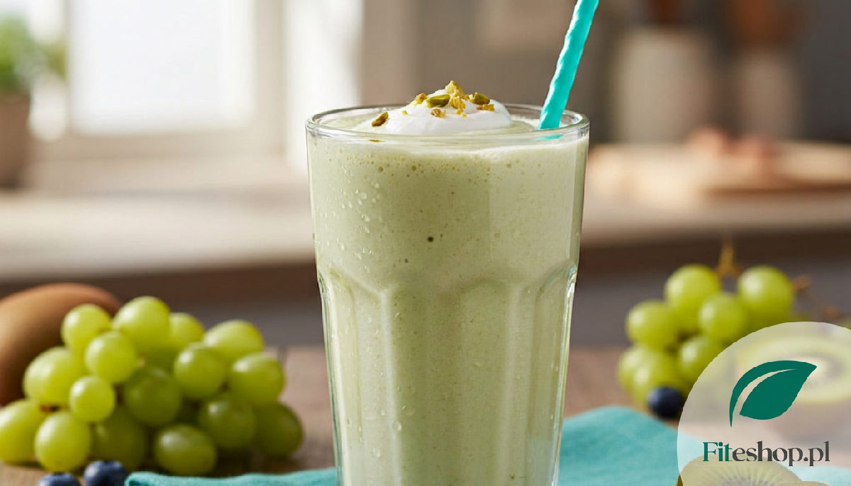 Zbliżenie na smoothie proteinowe w szklance, otoczone świeżymi owocami.