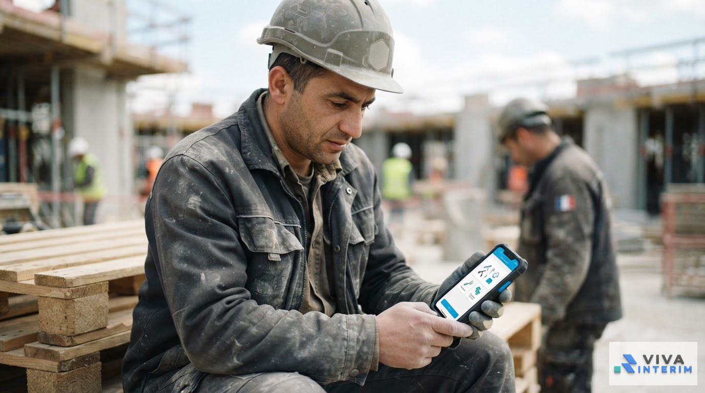 Un ouvrier roumain apprenant le français technique sur un chantier via son mobile.