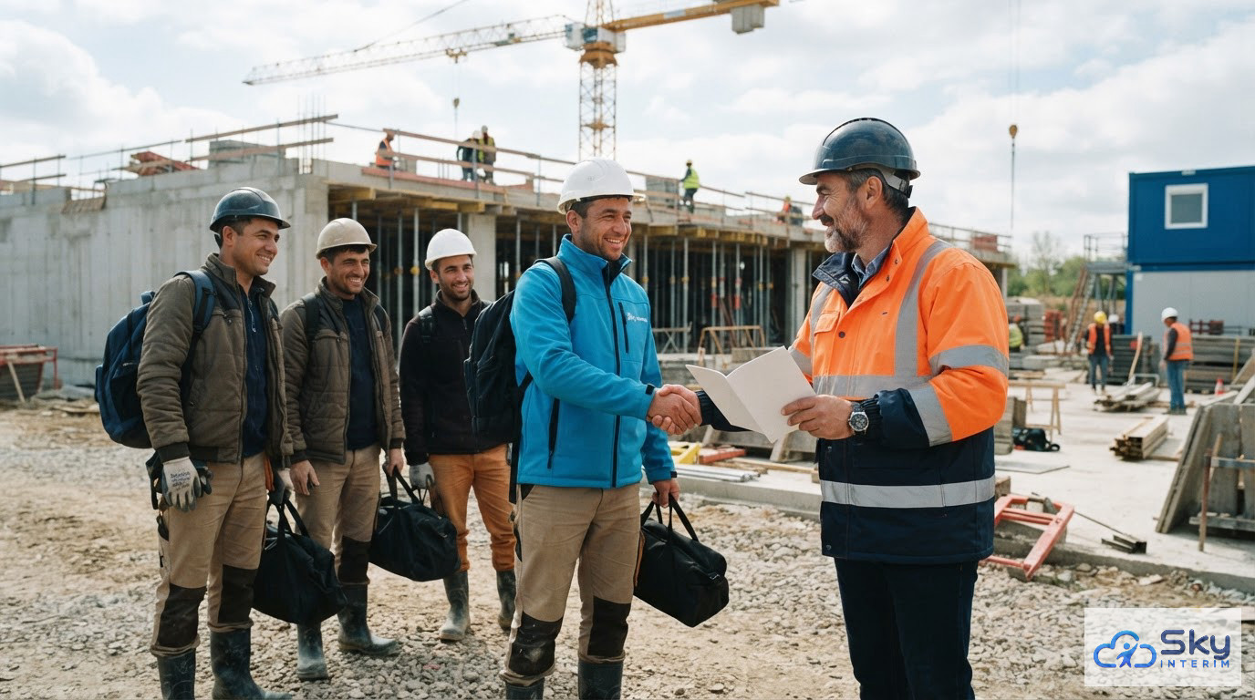 Des ouvriers roumains accueillis sur un chantier par leur chef de projet.