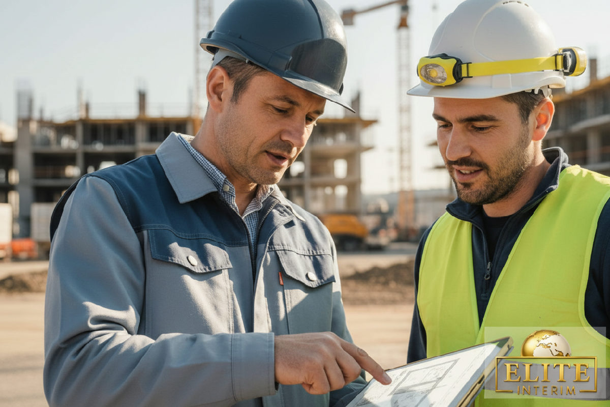 Chef de chantier et intérimaire bulgare communiquant via tablette.