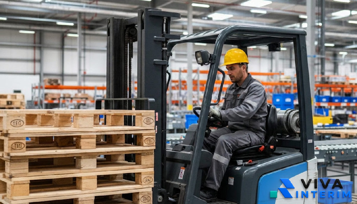 Cariste roumain concentré manipulant des palettes dans un hub logistique.