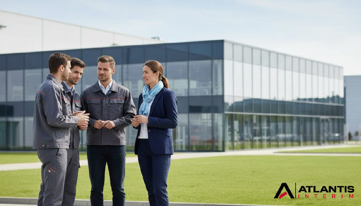 Équipe RH et techniciens devant une usine moderne.