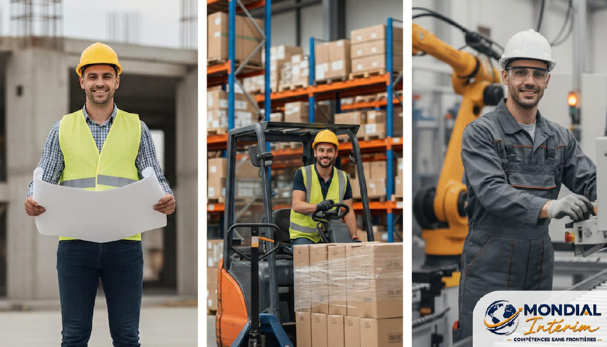 Travailleurs roumains qualifiés en action : chantier, logistique, usine.