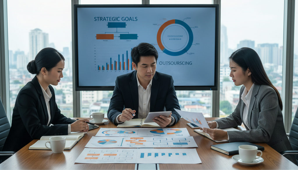 choisir partenaire externalisation rh – Réunion de professionnels RH analysant des stratégies d