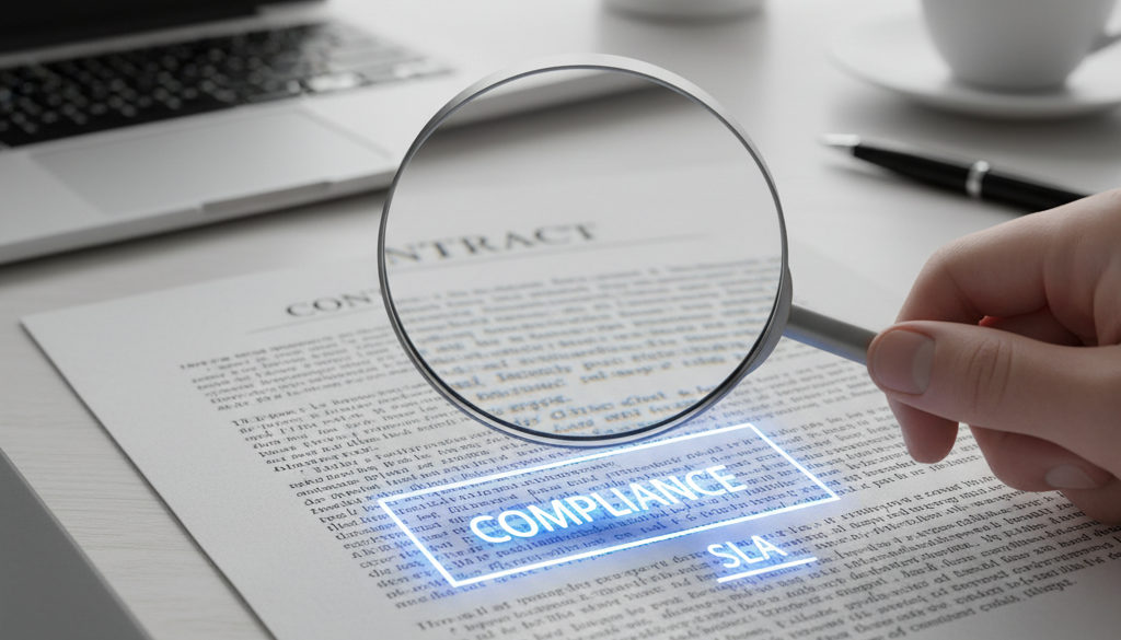 Loupe sur contrat RH : conformité et SLA soulignés.