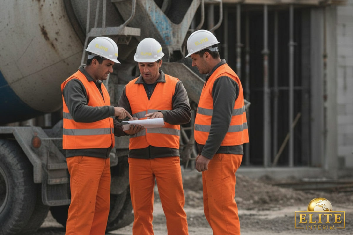 Maçons roumains en discussion devant une bétonnière