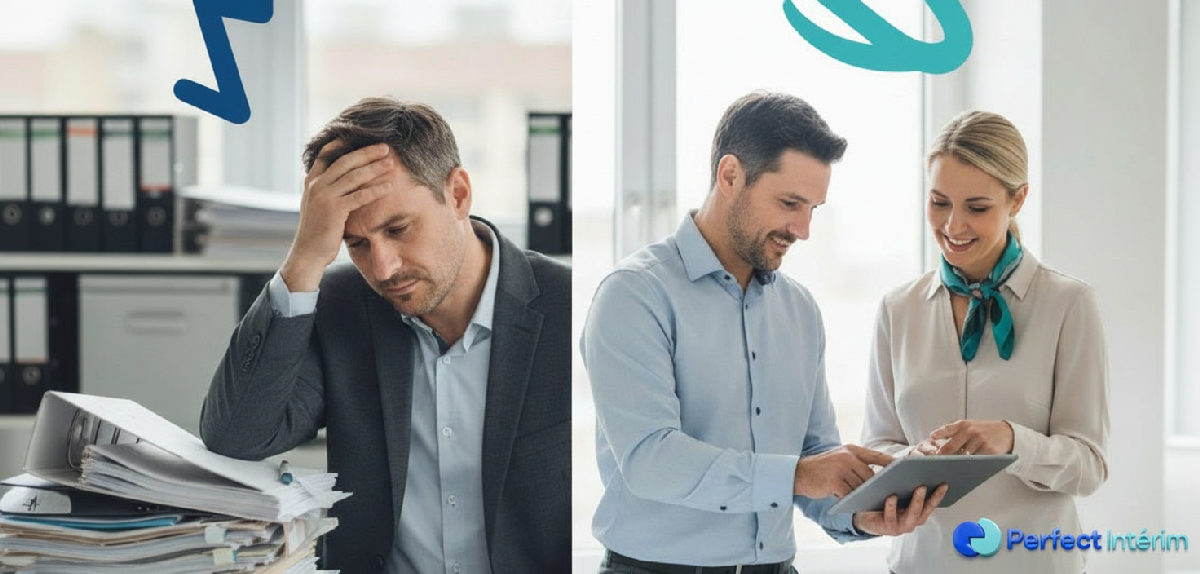 Dirigeant stressé par l'administratif, puis serein avec un expert.