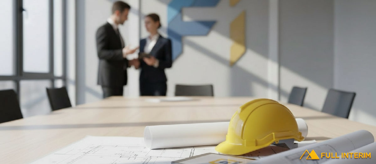 Bureau de gestion de projet avec plans et logo Full Interim.