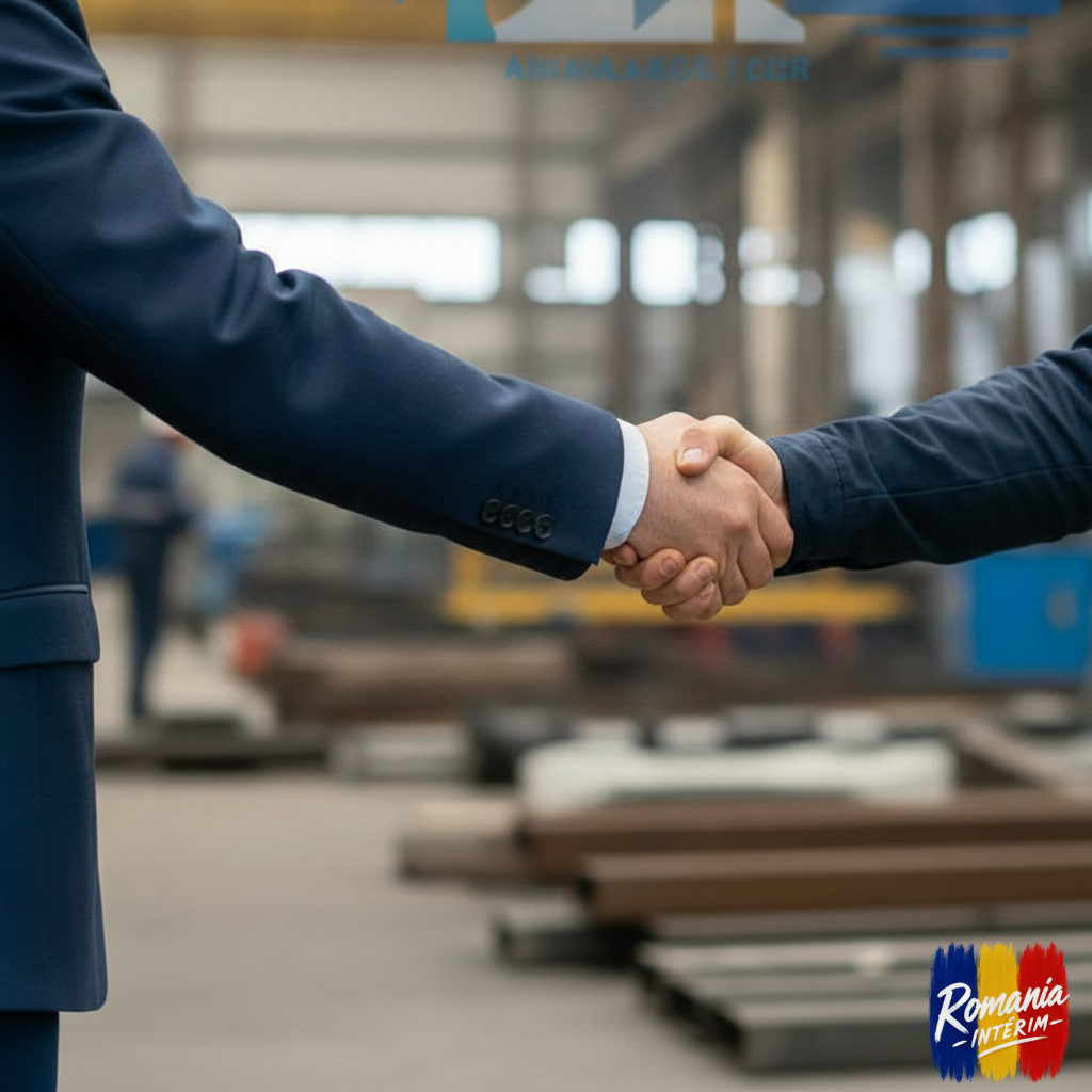 Poignée de main symbolisant un partenariat légal entre employeur et intérimaire.