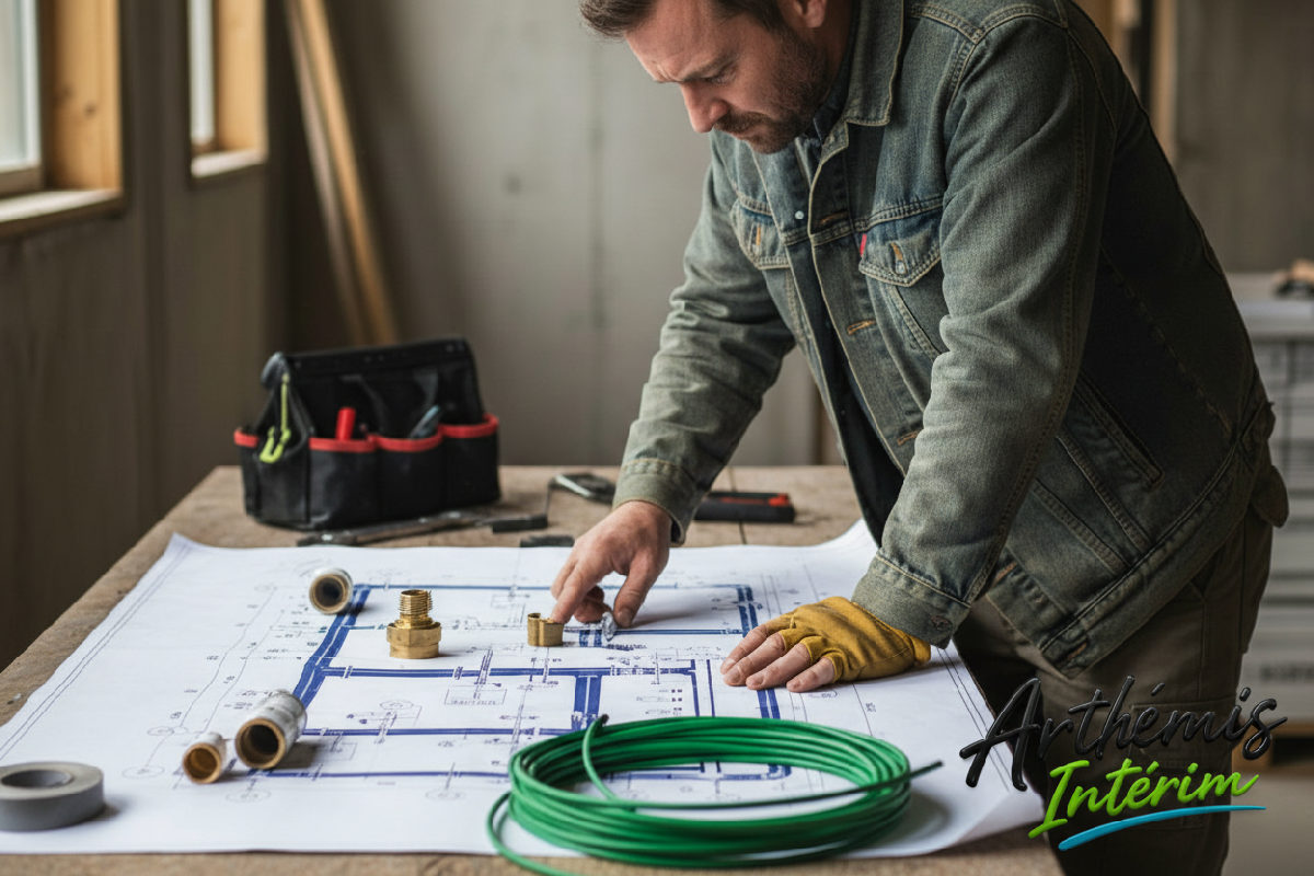 Plan technique de plomberie sur table de chantier, artisan vérifiant les raccordements.