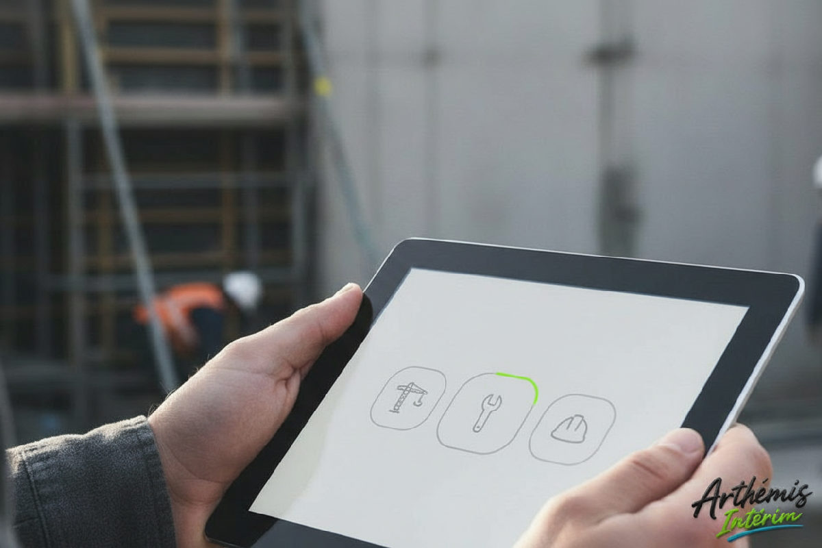 Main tenant une tablette avec application de gestion de chantier BTP.