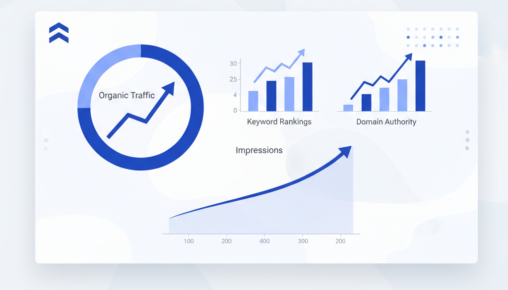 SEO dashboard showcasing growth in traffic and keyword rankings.
