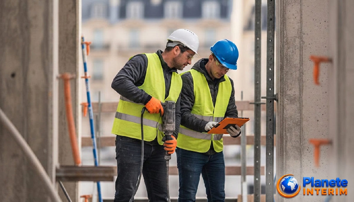 Ouvriers roumains qualifiés travaillant sur un chantier de construction en France.