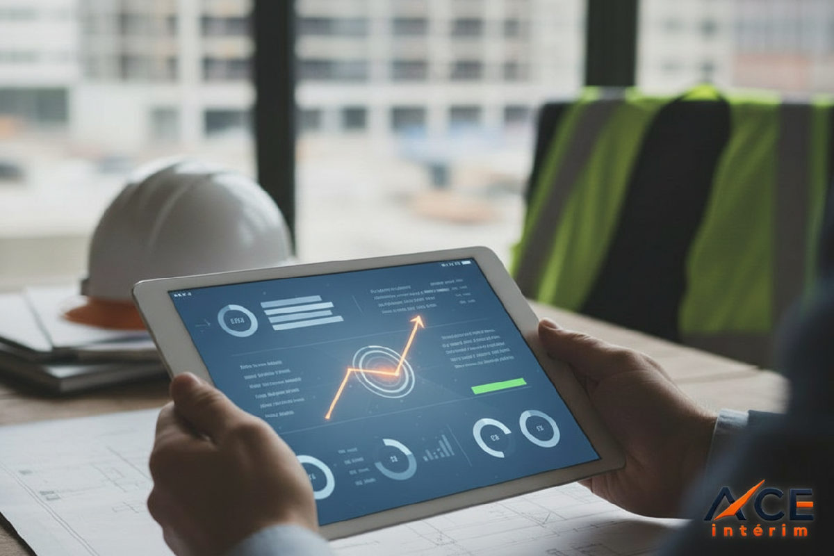 Application de gestion de chantier sur tablette, symbolisant l'efficacité.