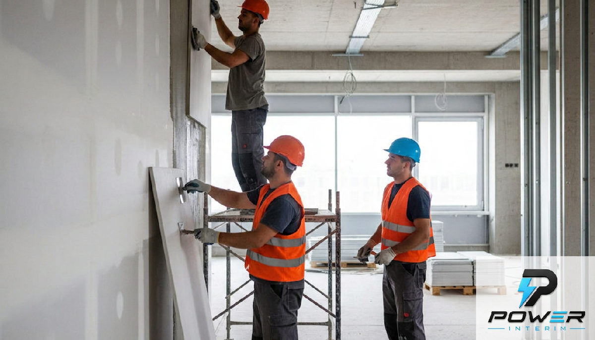 Équipe de plaquistes roumains travaillant sur un projet de bureaux.