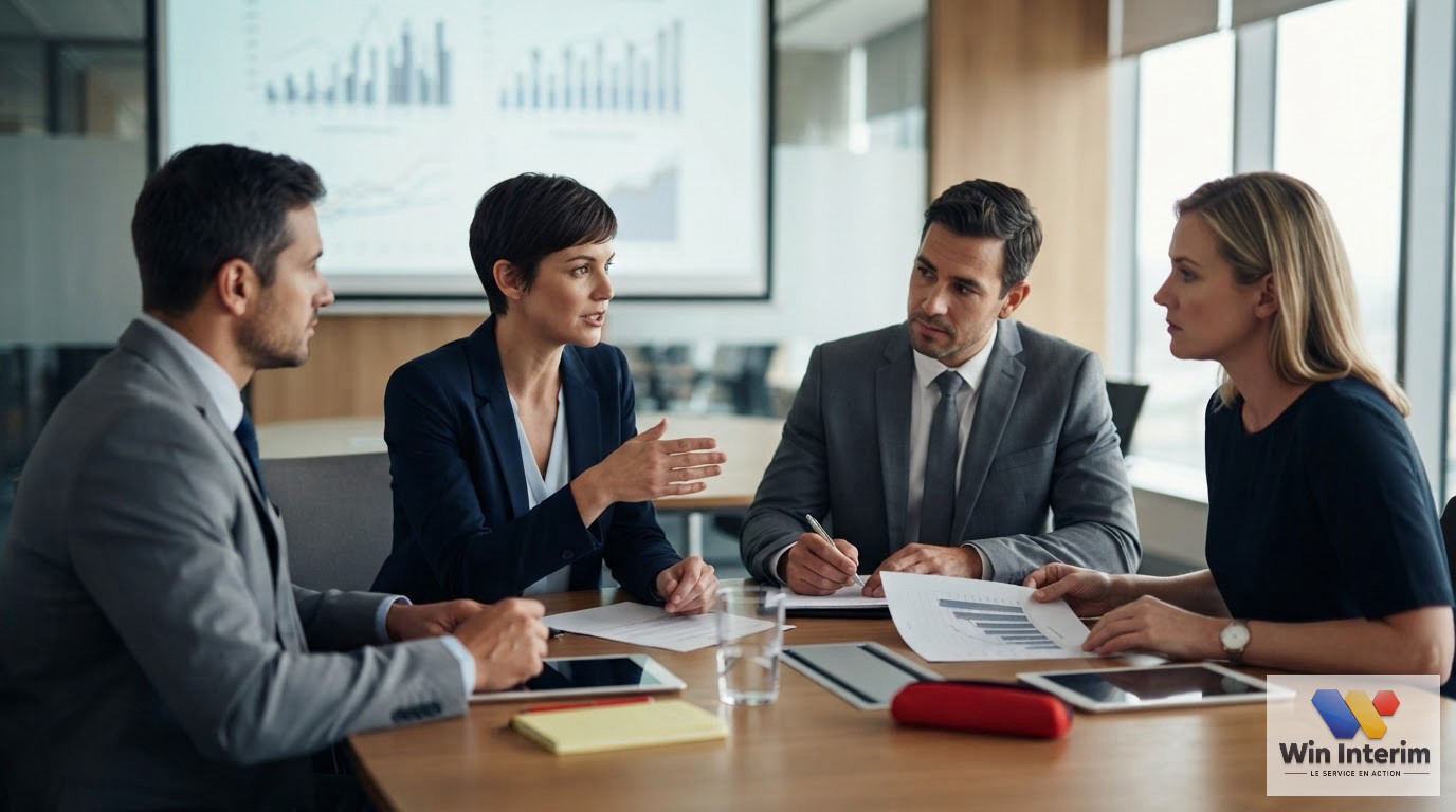 Dirigeants analysant des graphiques budgétaires liés au recrutement de main-d'œuvre internationale.
